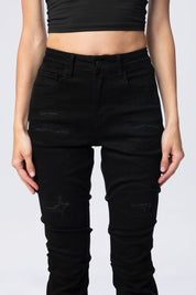 High Rise Bootcut Stacked Ripped Jeans - Deep Black