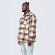 Smoke Rise Big and Tall Big and Tall - Vegan Leather Collar Plaid Shacket - Maple