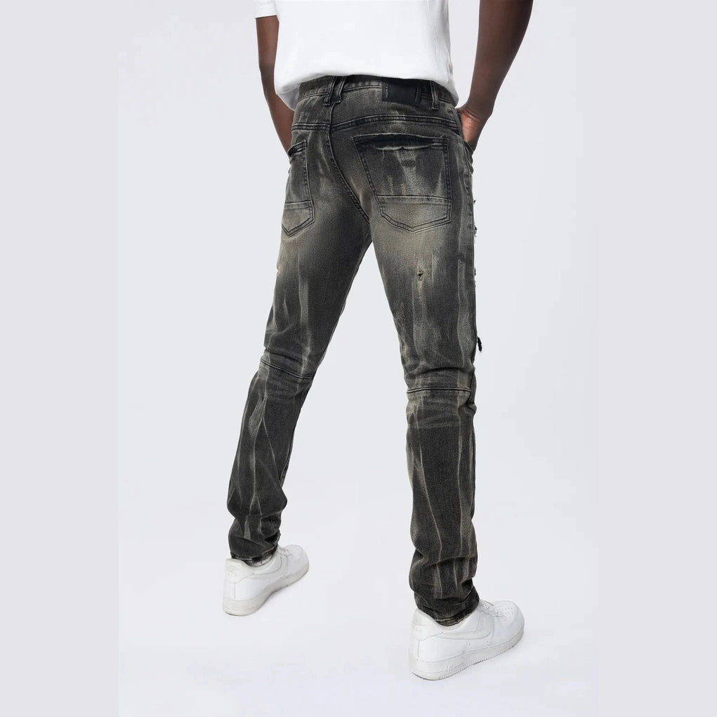 Smoke Rise Slim Rip & Repair Vertical Lightning Effect Jeans - Black Dust