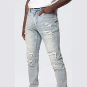 Smoke Rise Slim Tapered Rip & Repaired Colored Jeans - Natick Blue