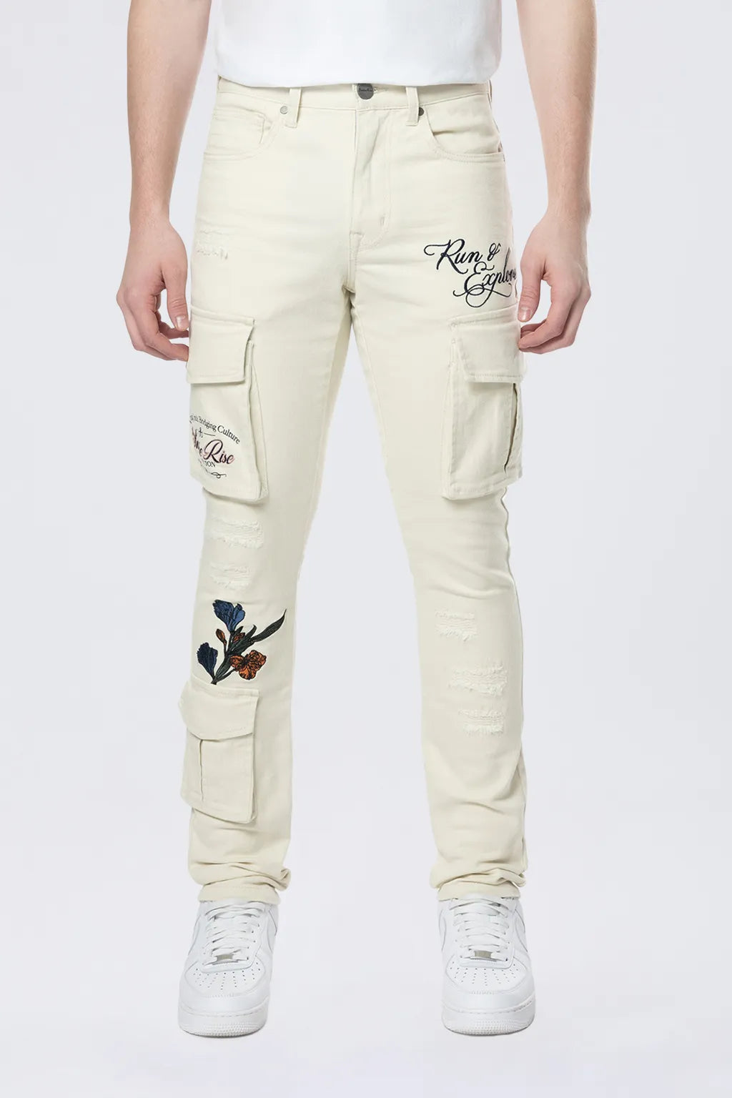 Slim Tapered Embroidered Cargo Twill Pants - Ecru