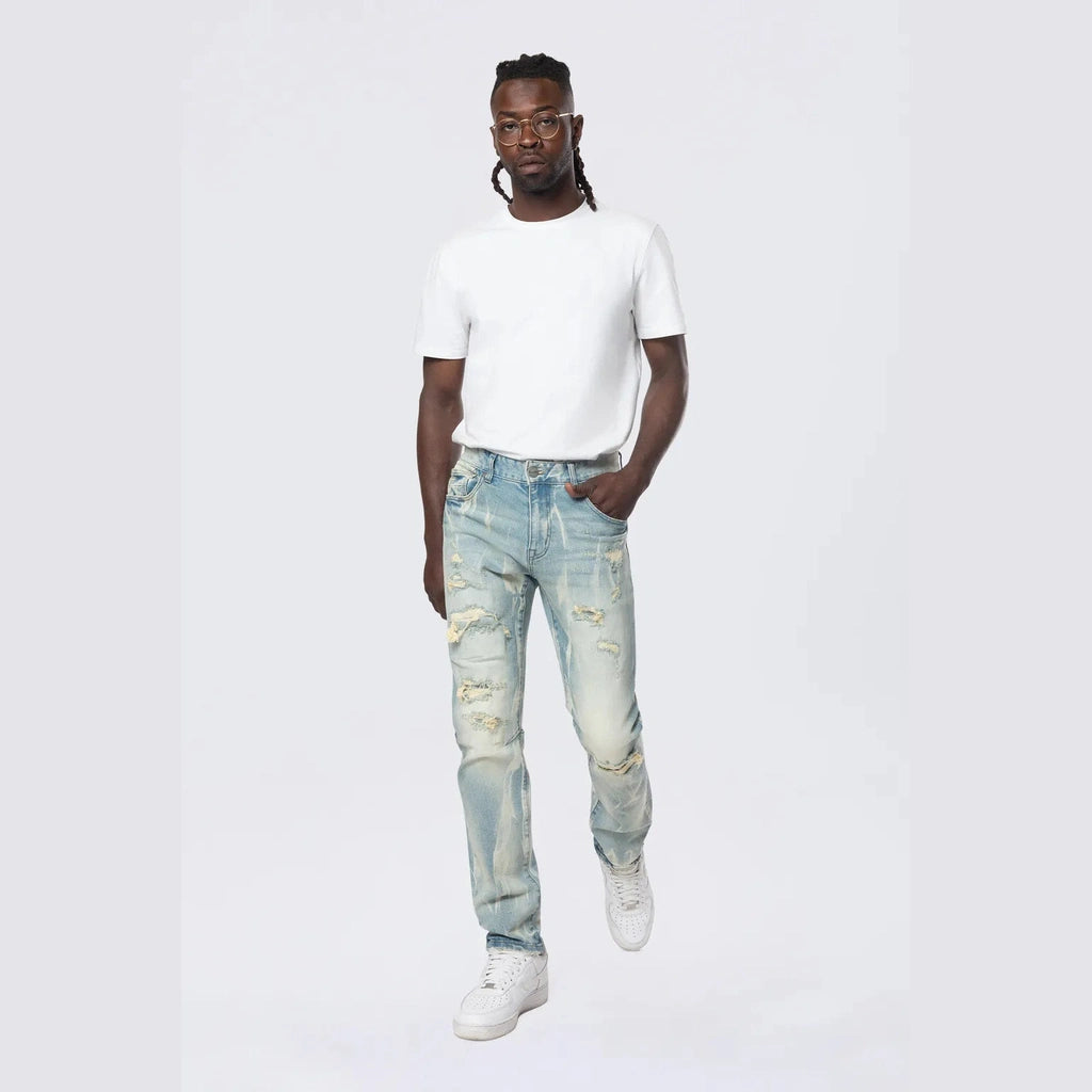 Smoke Rise Slim Rip & Repair Vertical Lightning Effect Jeans - Seymour Blue