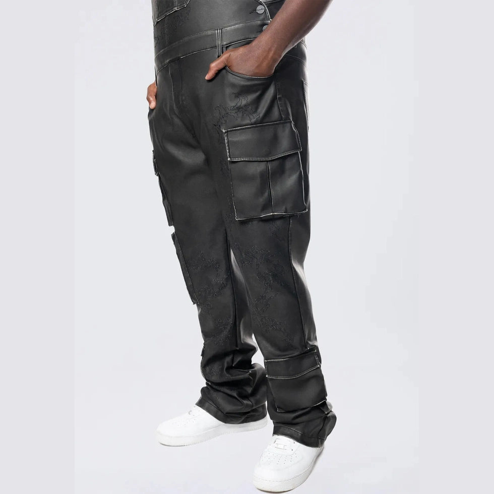 Smoke Rise Big and Tall Big and Tall - Stacked Vegan Leather Overalls - Washed Black