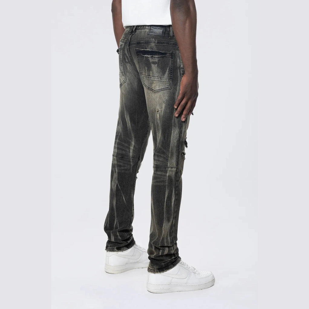 Smoke Rise Slim Rip & Repair Vertical Lightning Effect Jeans - Black Dust