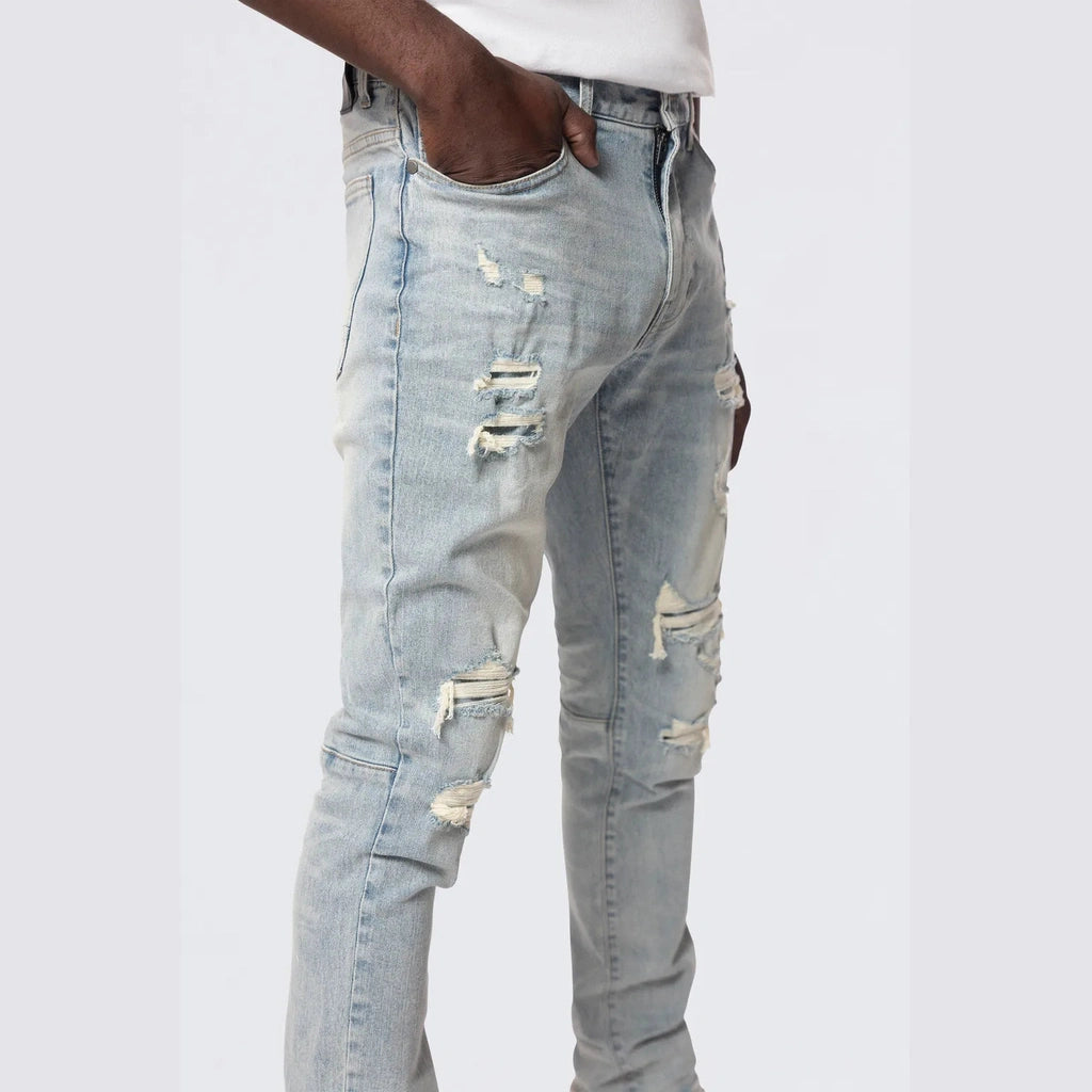 Smoke Rise Slim Tapered Rip & Repaired Colored Jeans - Natick Blue