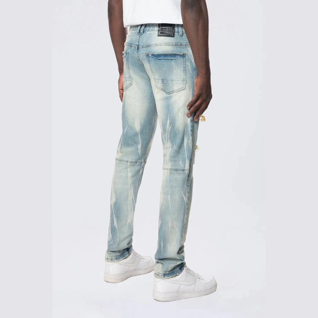 Smoke Rise Slim Rip & Repair Vertical Lightning Effect Jeans - Seymour Blue