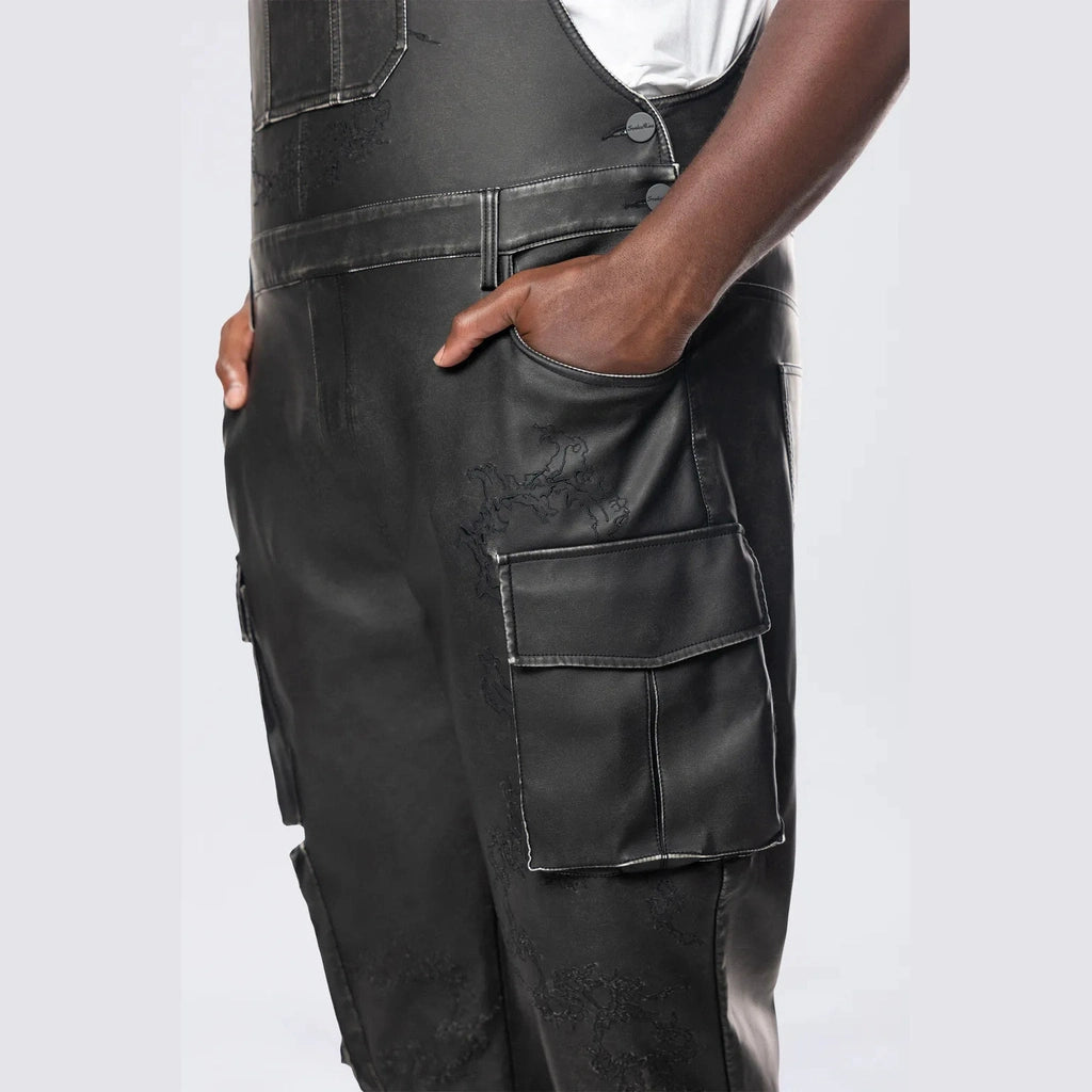 Smoke Rise Big and Tall Big and Tall - Stacked Vegan Leather Overalls - Washed Black