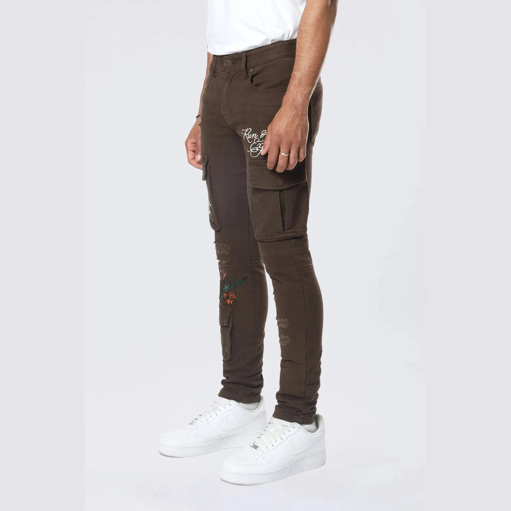 Smoke Rise Slim Tapered Embroidered Cargo Twill Pants - Bison