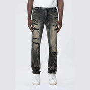 Smoke Rise Slim Rip & Repair Vertical Lightning Effect Jeans - Black Dust