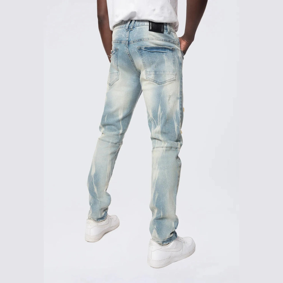 Smoke Rise Slim Rip & Repair Vertical Lightning Effect Jeans - Seymour Blue