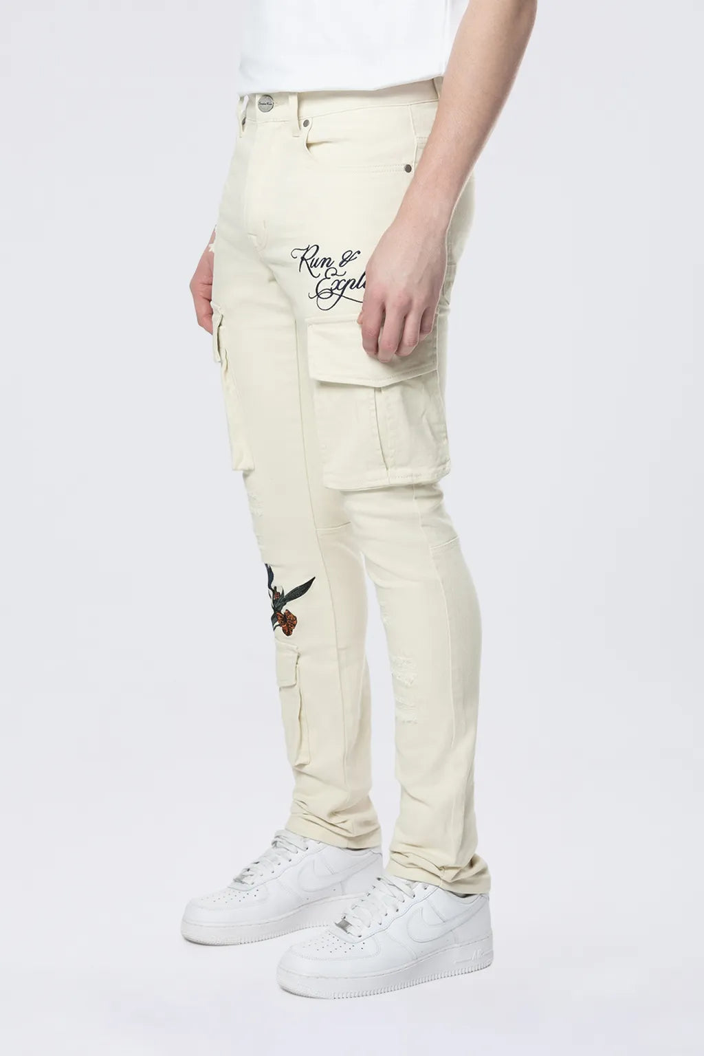 Slim Tapered Embroidered Cargo Twill Pants - Ecru