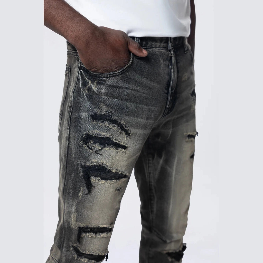 Smoke Rise Slim Rip & Repair Vertical Lightning Effect Jeans - Black Dust