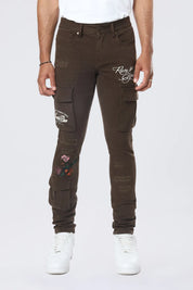 Slim Tapered Embroidered Cargo Twill Pants - Bison