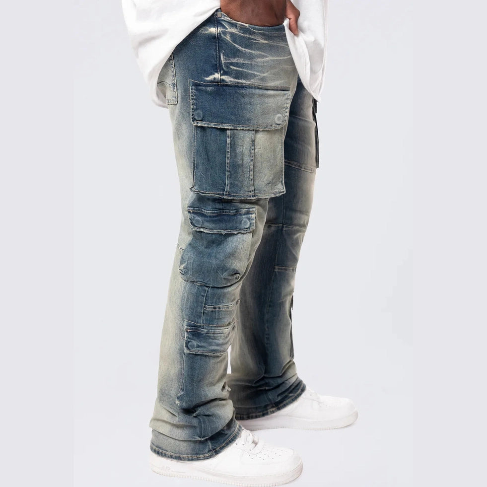 Smoke Rise Big and Tall Big and Tall - Stacked Utility Multi Pocket Cargo Jeans - Village Blue