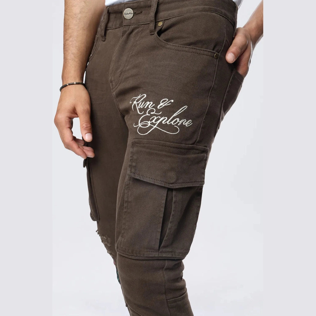 Smoke Rise Slim Tapered Embroidered Cargo Twill Pants - Bison