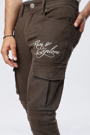 Slim Tapered Embroidered Cargo Twill Pants - Bison