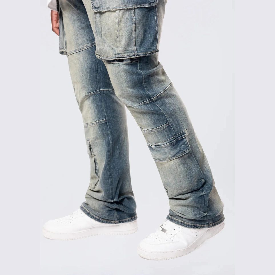 Smoke Rise Big and Tall Big and Tall - Stacked Utility Multi Pocket Cargo Jeans - Village Blue