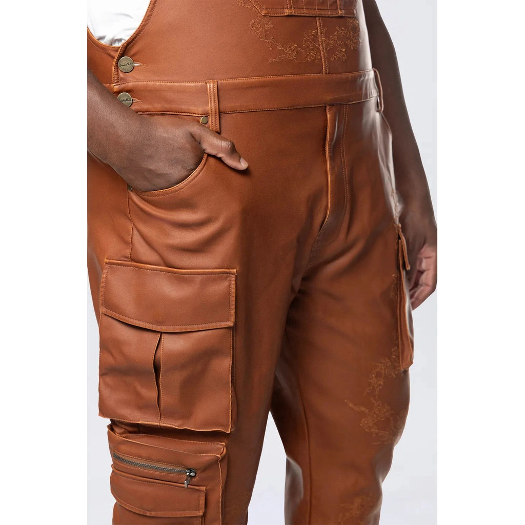 Smoke Rise Big and Tall Big and Tall - Stacked Vegan Leather Overalls - Washed Brown