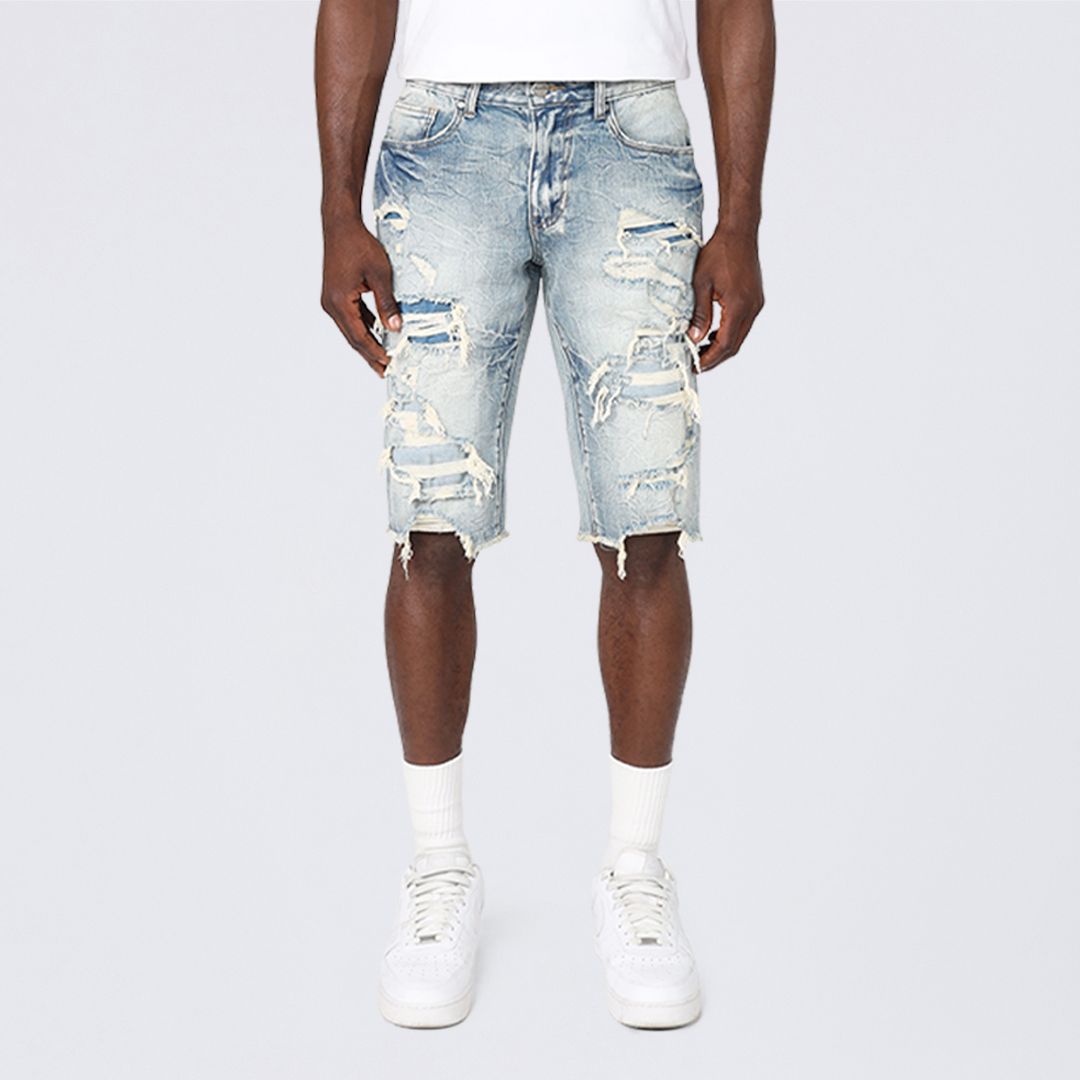 Slim Distressed Rip & Repair Jean Shorts - Rhodes Blue