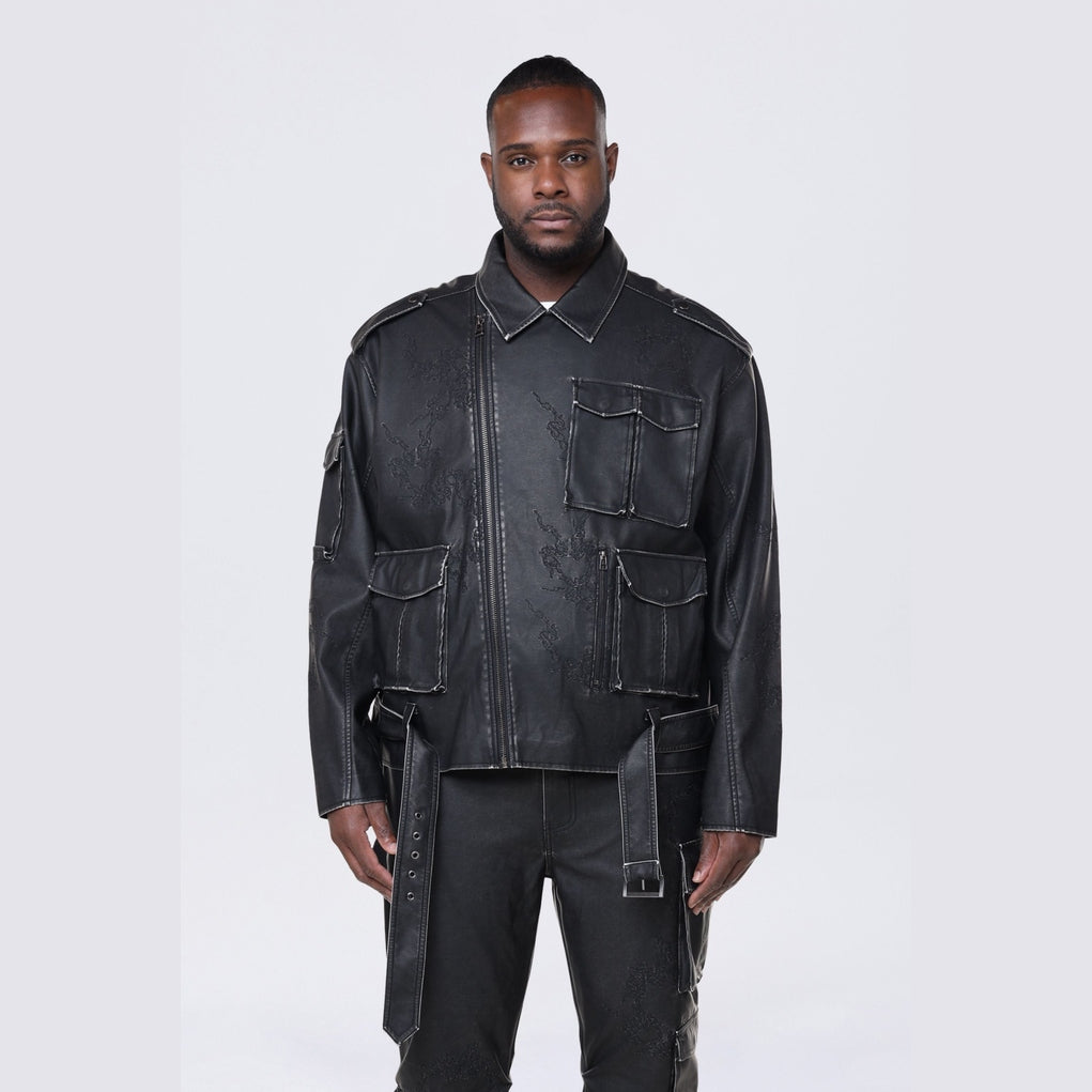 Smoke Rise Big and Tall Big and Tall - Washed Vegan Leather Biker Jacket - Washed Black