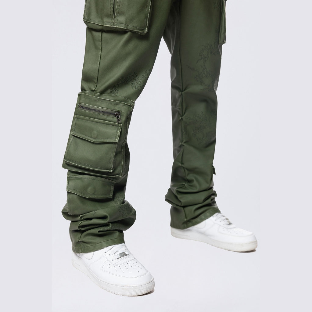 Smoke Rise Stacked Utility Washed Vegan Leather Pants - Washed Deep Olive