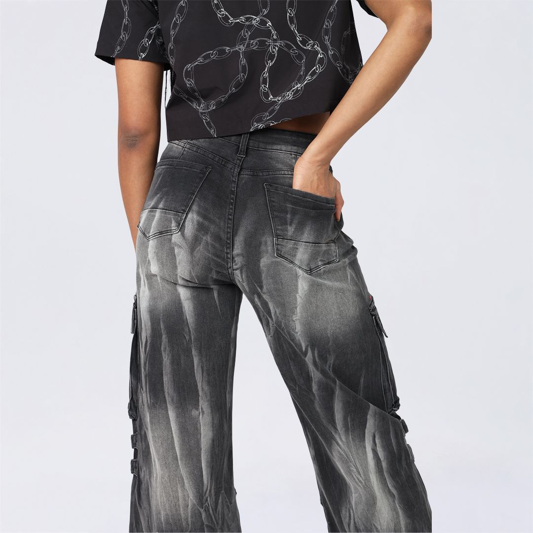 High Rise Wide Leg Mult Pocket Jeans