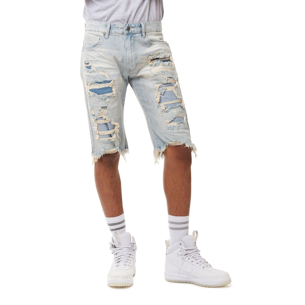 Smoke Rise Distressed Rip & Repair Jean Shorts - Alpine Blue