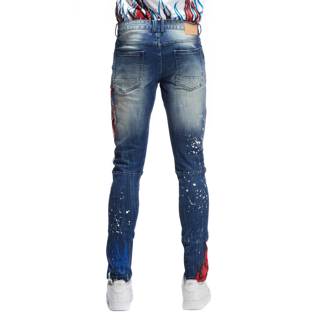 Smoke Rise Skull & Flame Graphic Denim -Pebble Blue