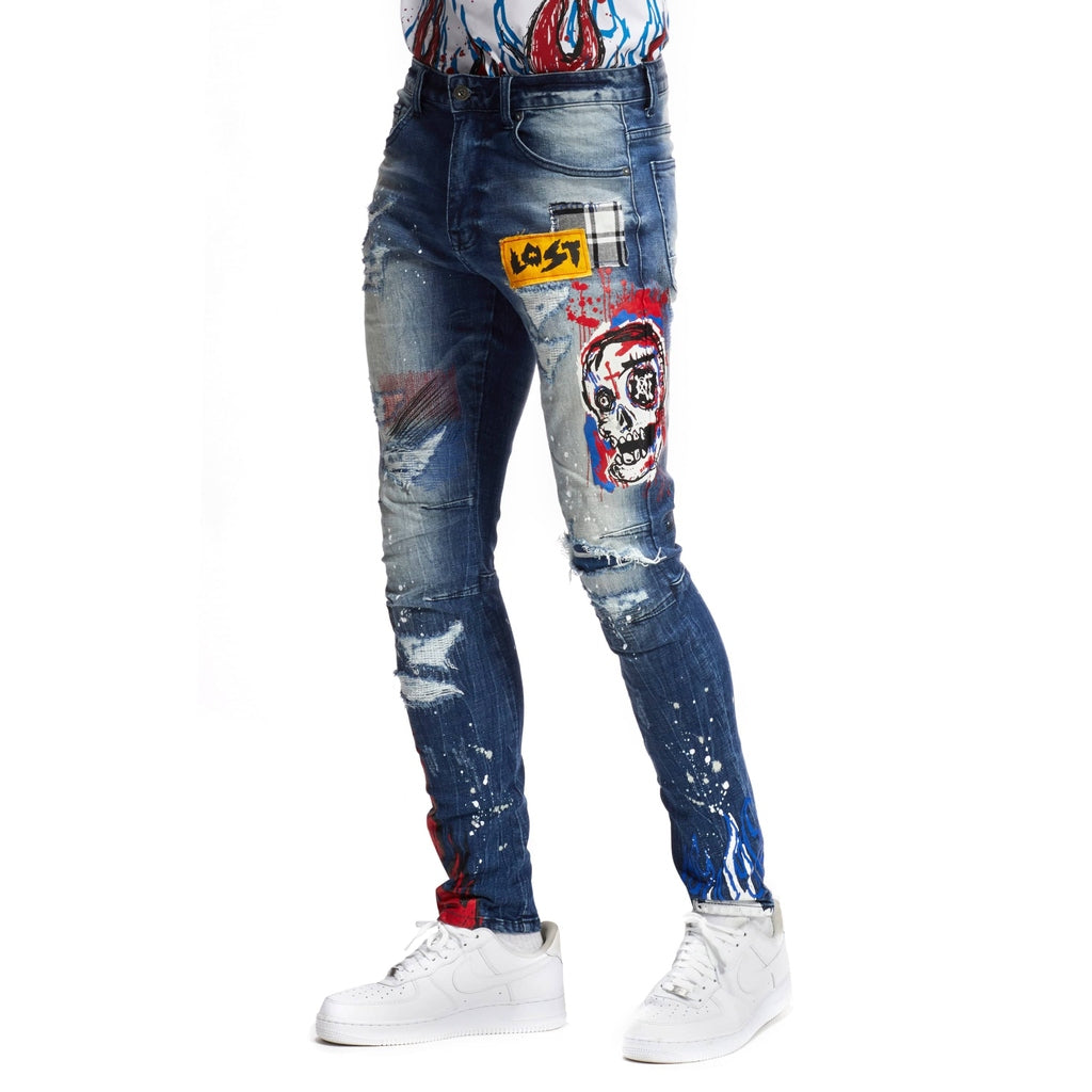 Smoke Rise Skull & Flame Graphic Denim -Pebble Blue