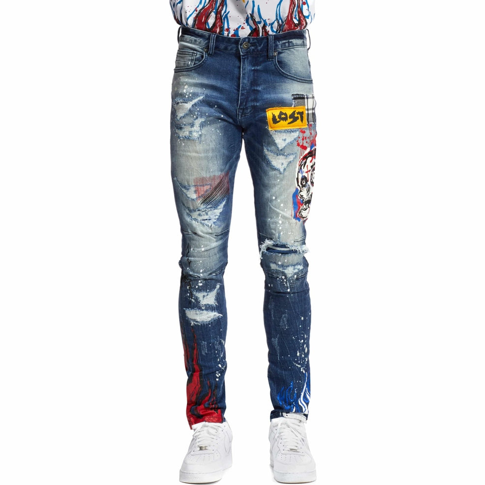 Smoke Rise Skull & Flame Graphic Denim -Pebble Blue