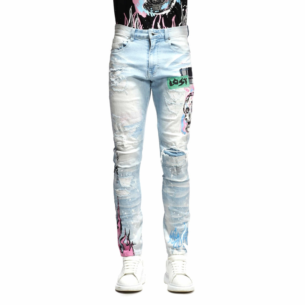 Smoke Rise Skull & Flame Graphic Denim -Speckle Blue