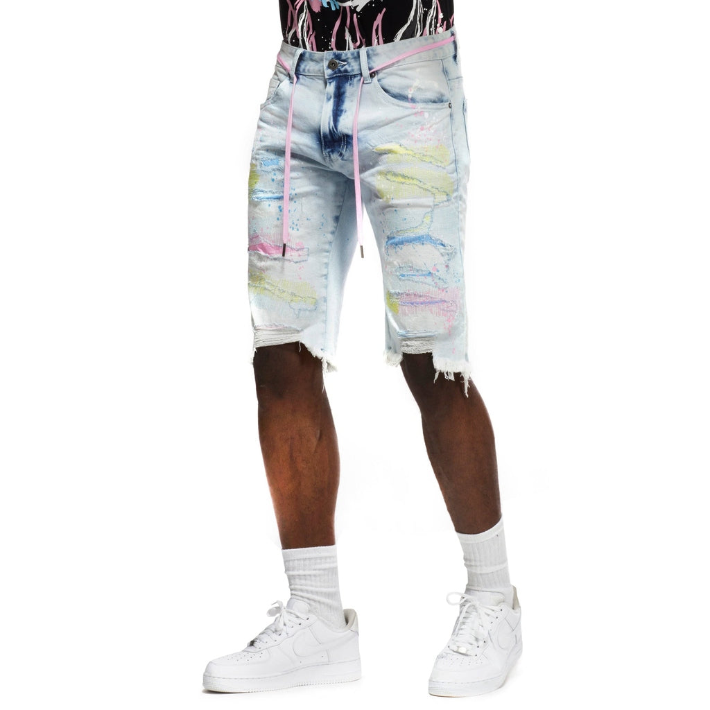 Smoke Rise Color Stitch Jean Shorts - Plaster Blue