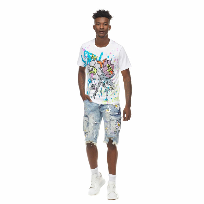 Daisy Graffiti Denim Shorts - Placid Blue - Smoke Rise