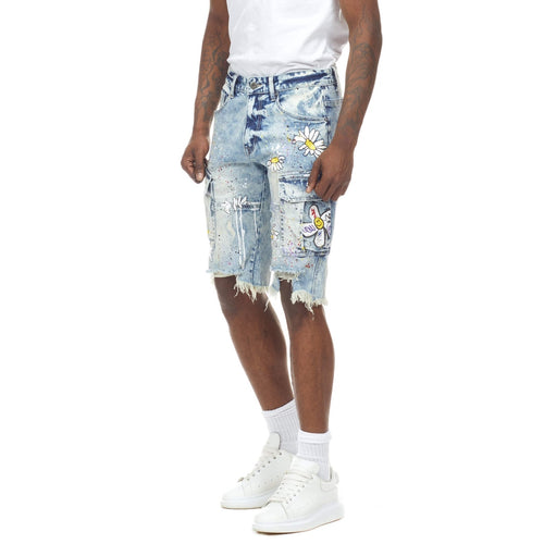 Daisy Graffiti Denim Shorts - Placid Blue - Smoke Rise