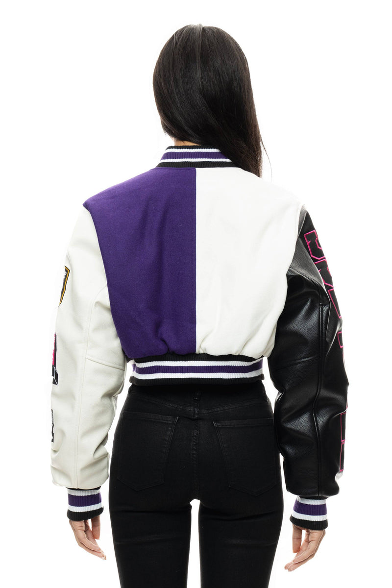 White Leather & Violet Purple Gold Wool Varsity Letter Jacket