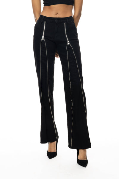 Zipper Detailed Fashion Denim Pants - Deep Black