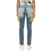 Smoke Rise RED Mixed Media Cargo Fashion Denim Pants - Brighton Blue