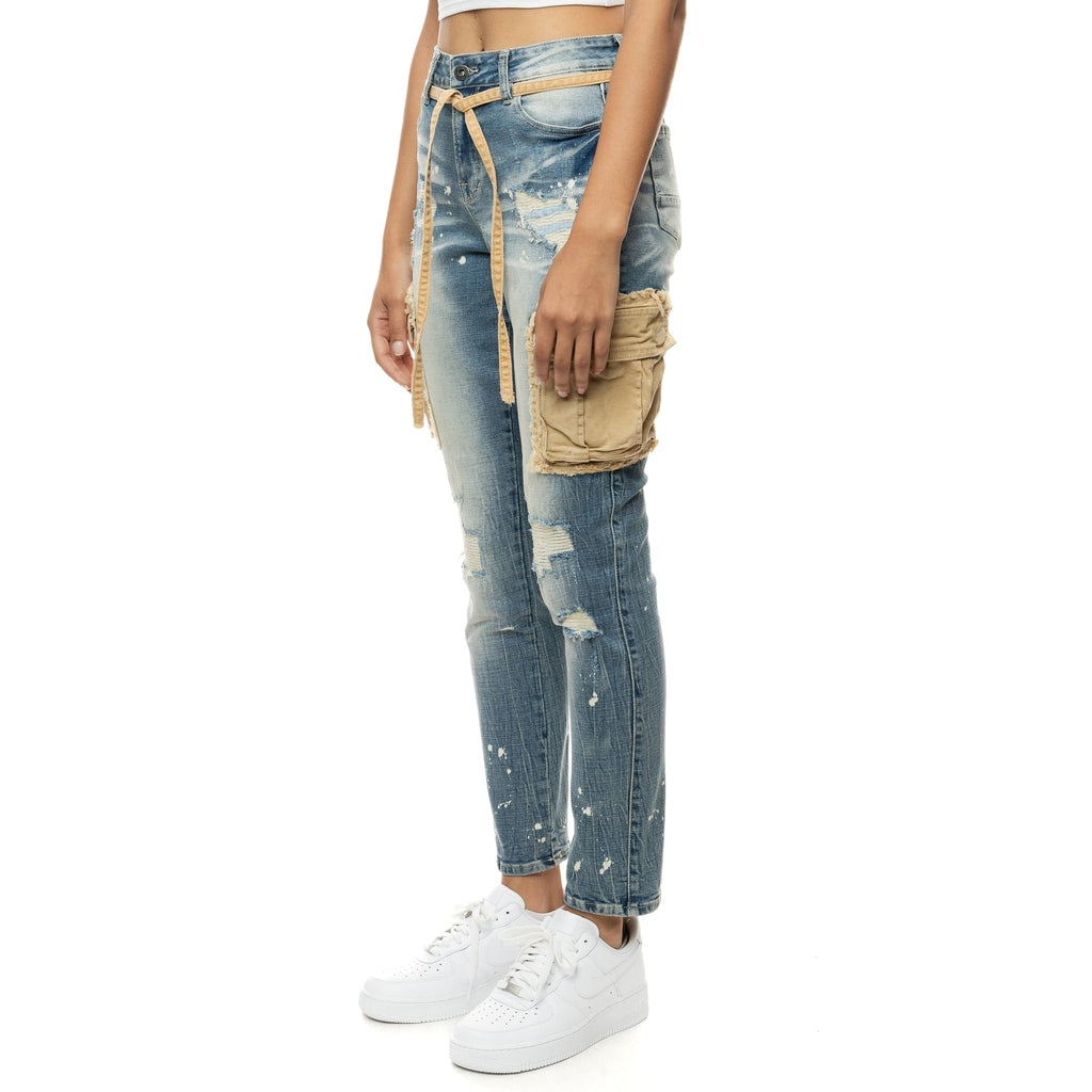 Smoke Rise RED Mixed Media Cargo Fashion Denim Pants - Brighton Blue