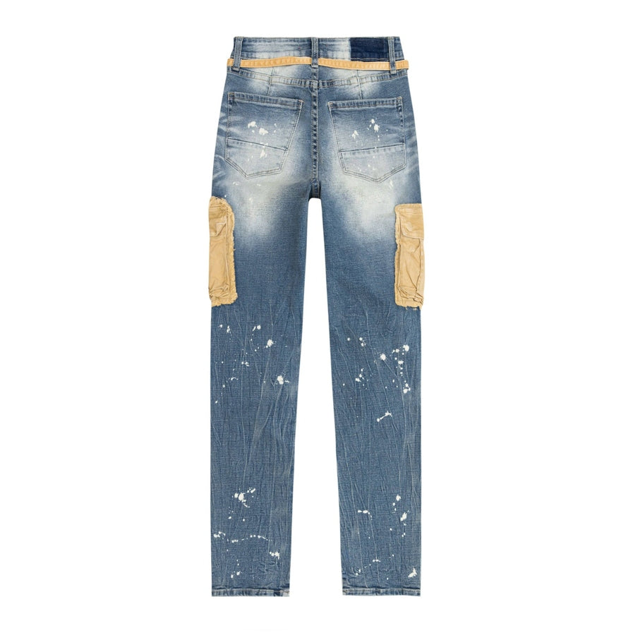 Smoke Rise RED Mixed Media Cargo Fashion Denim Pants - Brighton Blue