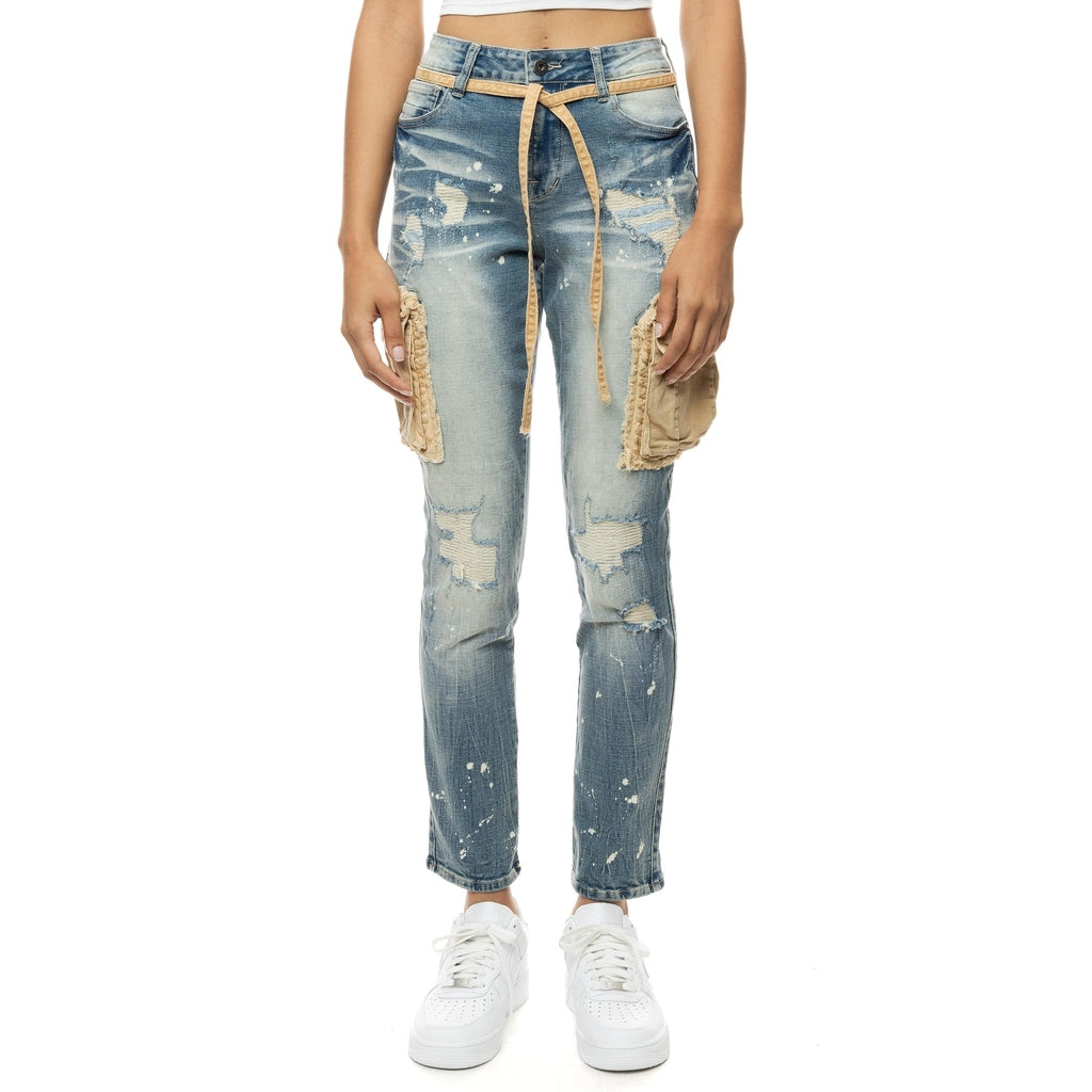 Smoke Rise RED Mixed Media Cargo Fashion Denim Pants - Brighton Blue