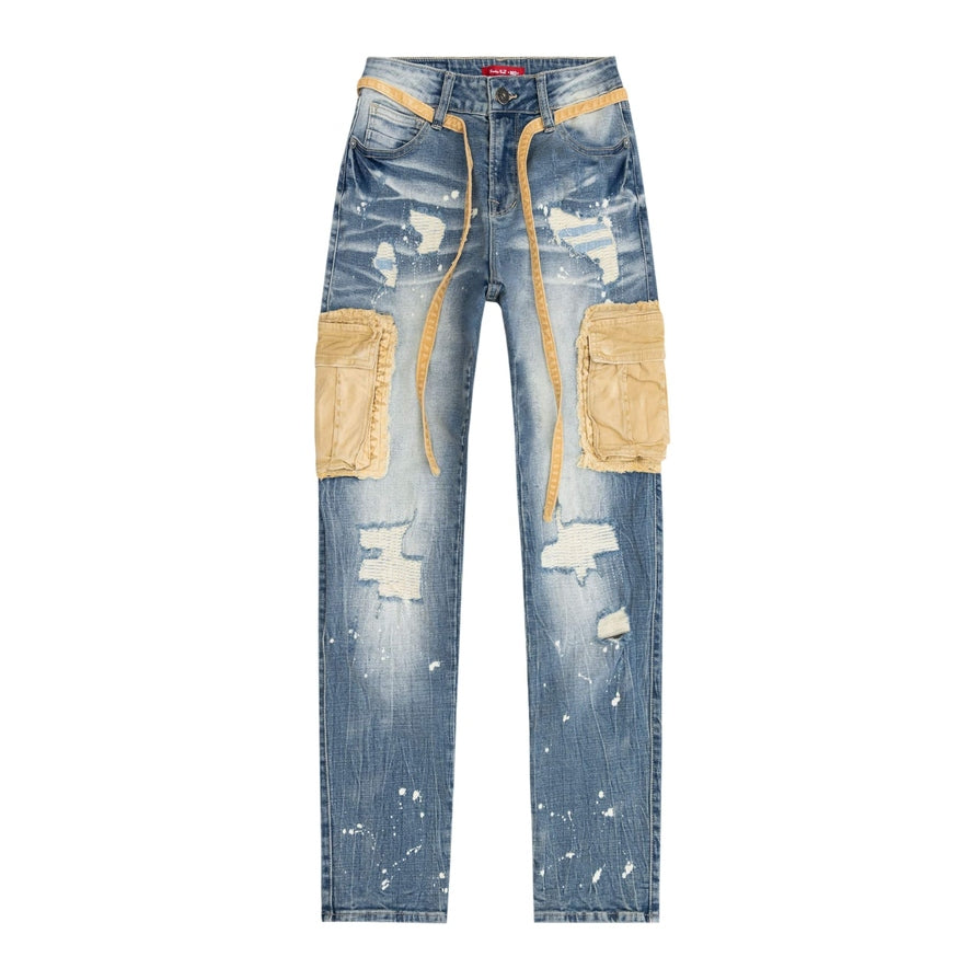 Smoke Rise RED Mixed Media Cargo Fashion Denim Pants - Brighton Blue