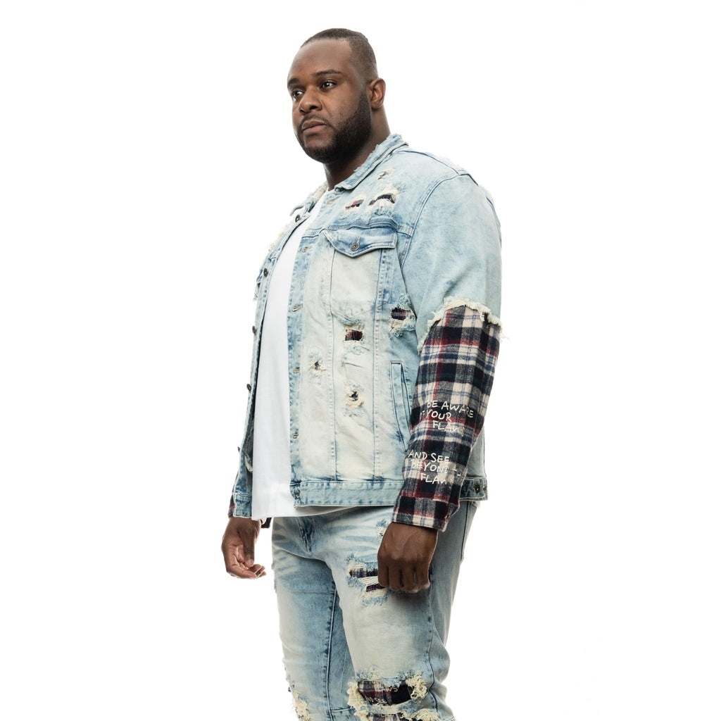 Smoke Rise Big and Tall Big and Tall Plaid Mixed Media Jean Jacket - Mojave Blue