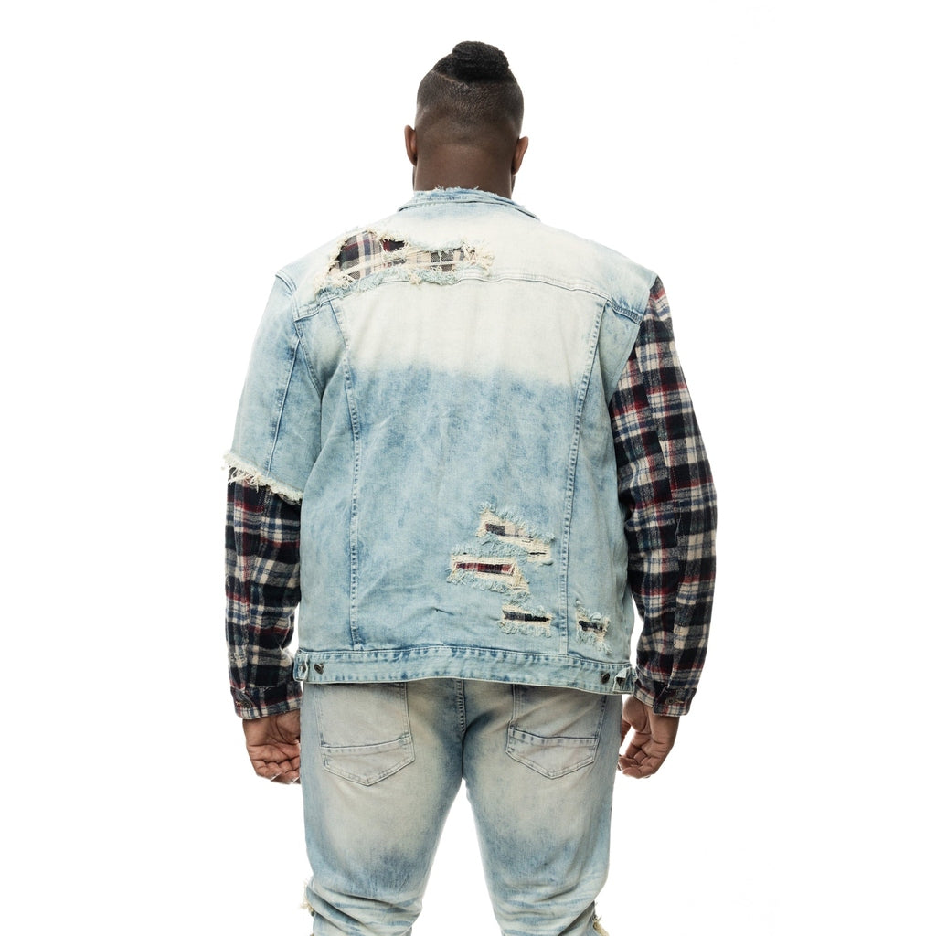 Smoke Rise Big and Tall Plaid Mixed Media Jean Jacket - Mojave Blue