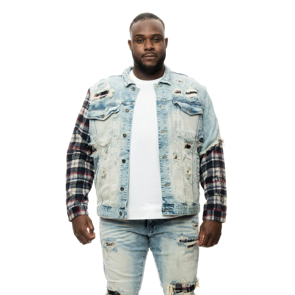 Smoke Rise Big and Tall Big and Tall Plaid Mixed Media Jean Jacket - Mojave Blue