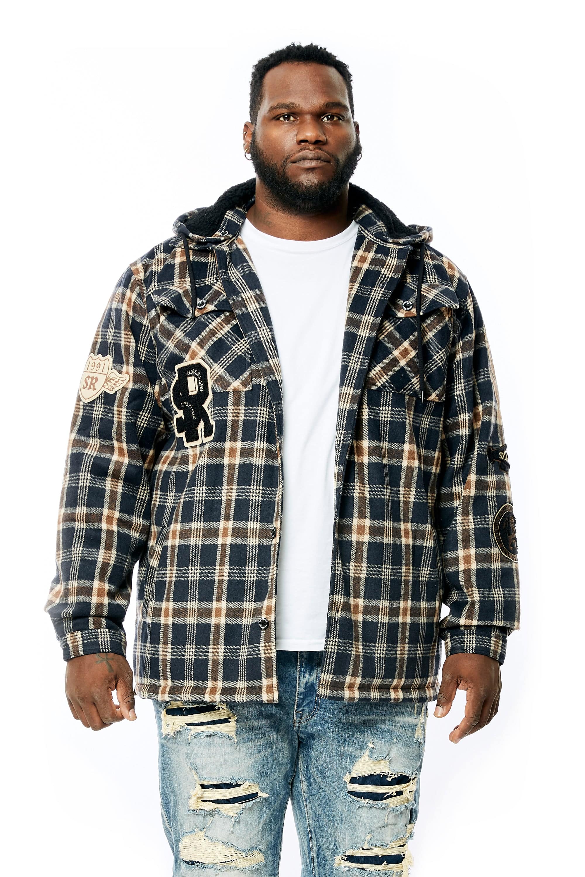 Big And Tall Varsity Patch Flannel Shacket - Smoke Rise
