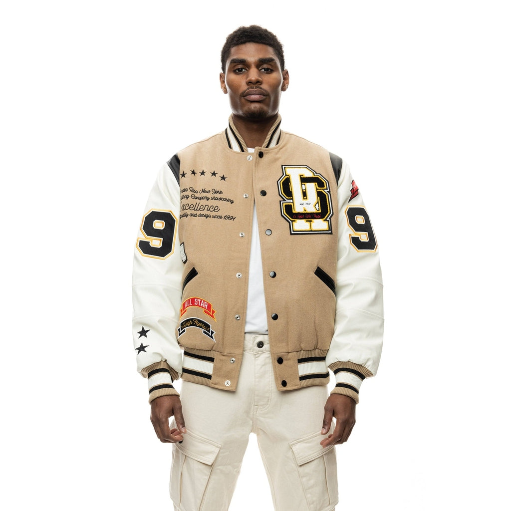 Smoke Rise Patchwork Varsity Wool Jacket - Dune
