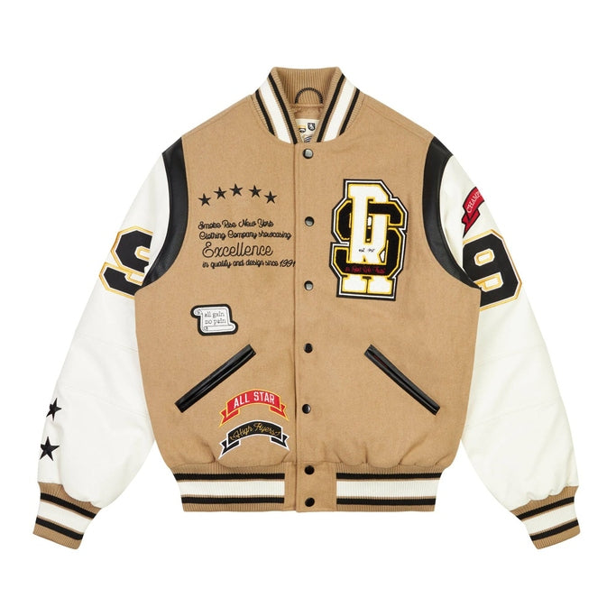 Smoke Rise Patchwork Varsity Wool Jacket - Dune