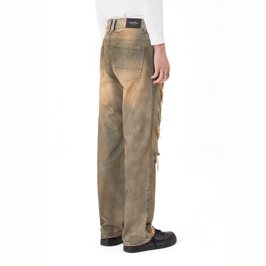 Smoke Rise Rip & Repair Curved Denim Pants - Brown Blue