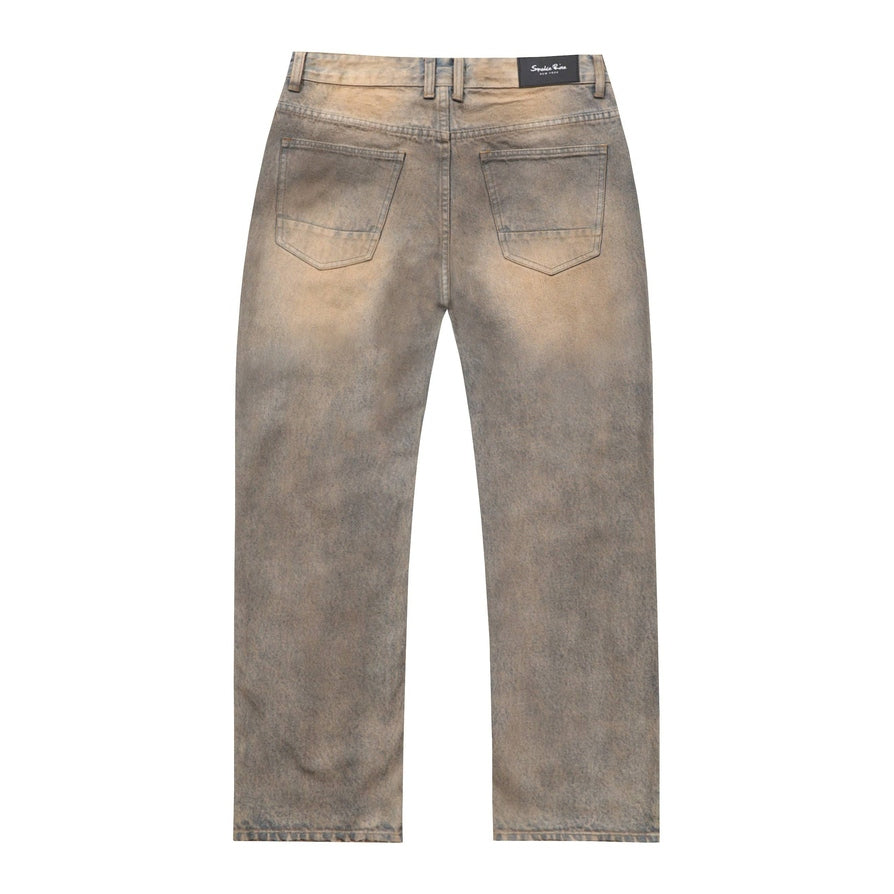 Smoke Rise Rip & Repair Curved Denim Pants - Brown Blue