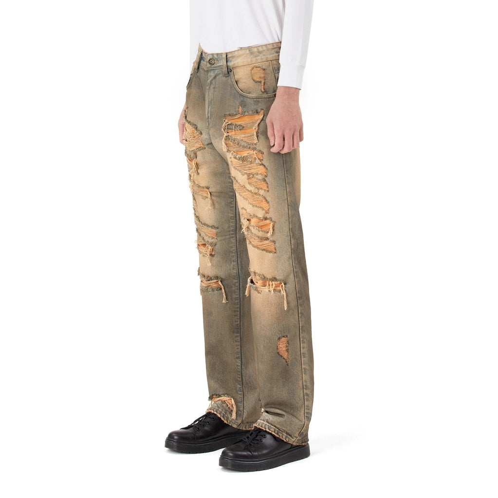Smoke Rise Rip & Repair Curved Denim Pants - Brown Blue